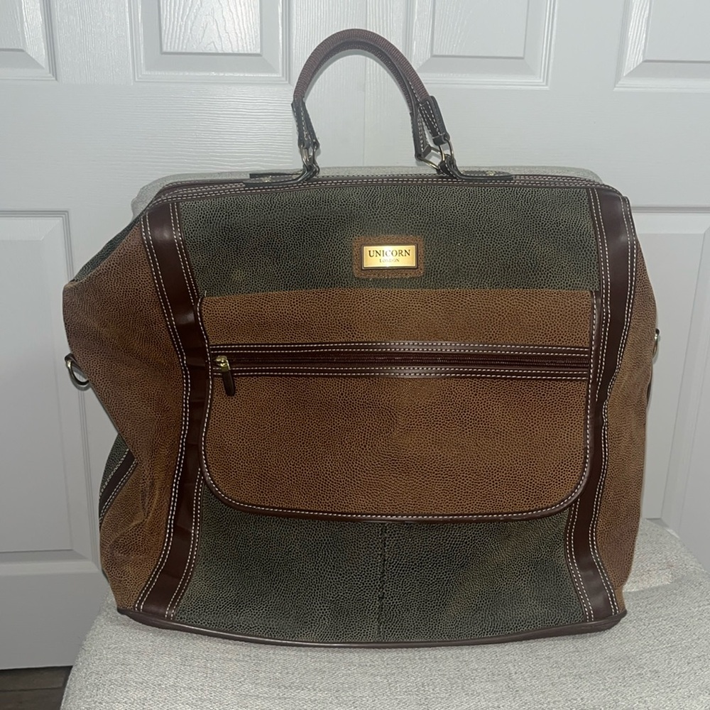 Unicorn London brown and green travel bag with gold hardware